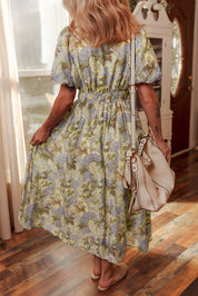 Vintage Floral Short Puff Sleeve Maxi Dress
