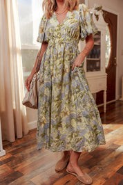 Vintage Floral Short Puff Sleeve Maxi Dress