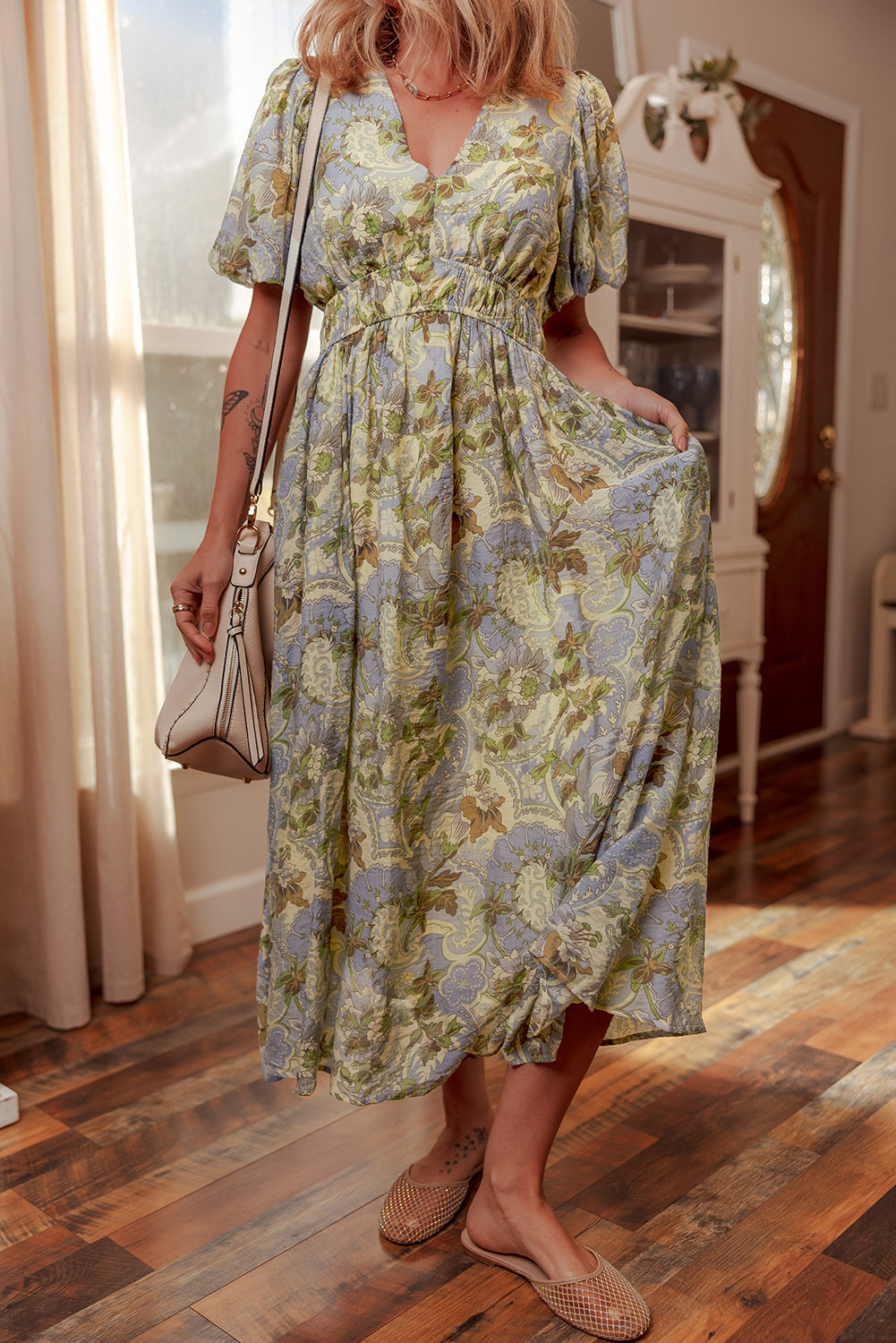 Vintage Floral Short Puff Sleeve Maxi Dress
