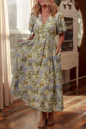 Vintage Floral Short Puff Sleeve Maxi Dress