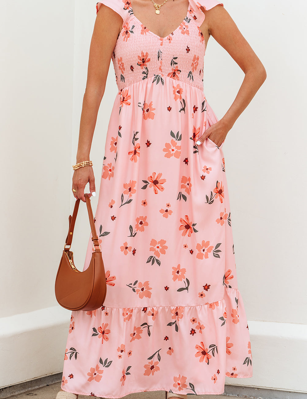 Flutter Sleeve Smocked Ruffle Maxi Dress