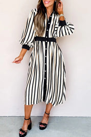 Stripe Puff Sleeve Shirt Midi Dress