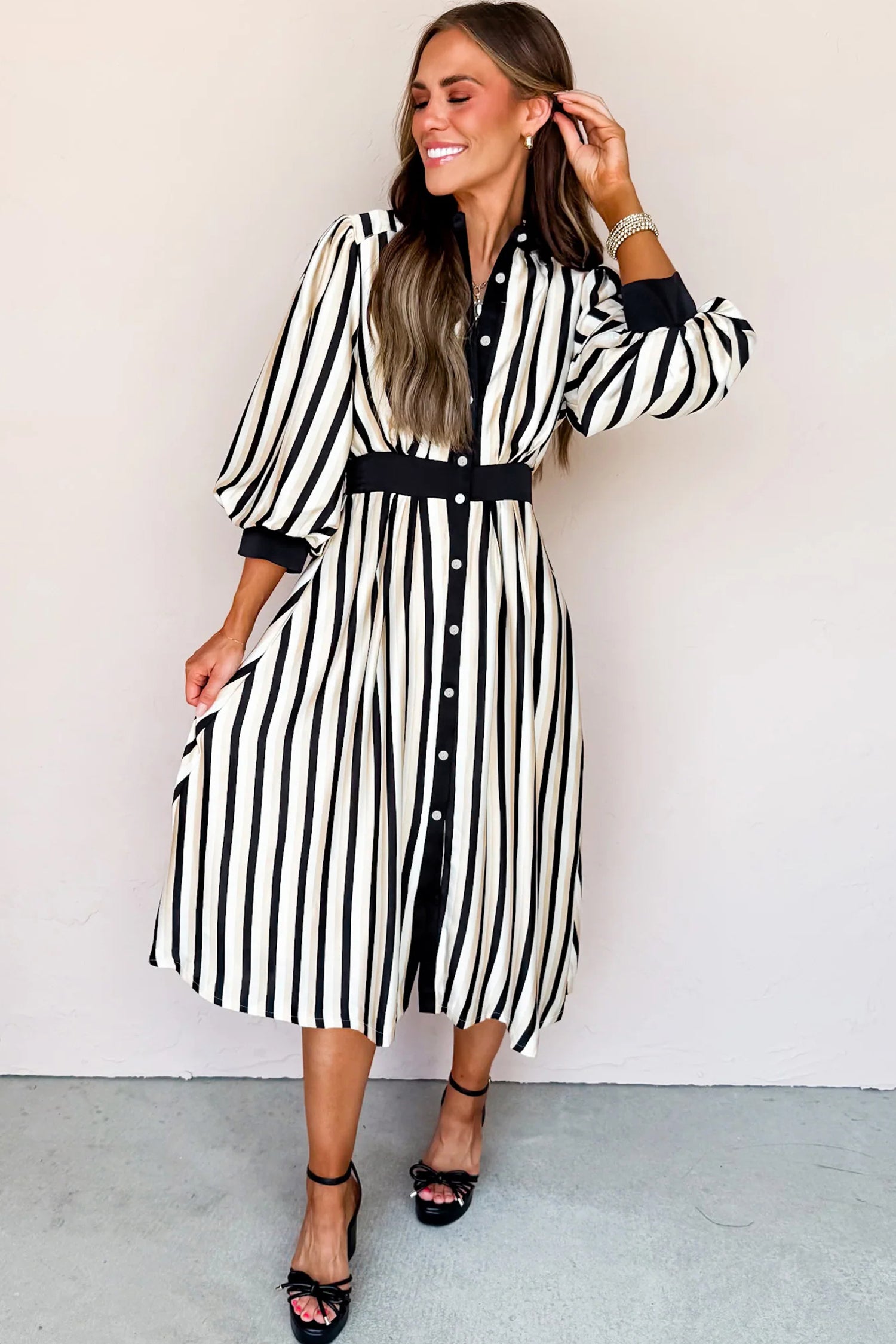 Stripe Puff Sleeve Shirt Midi Dress