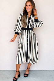 Stripe Puff Sleeve Shirt Midi Dress