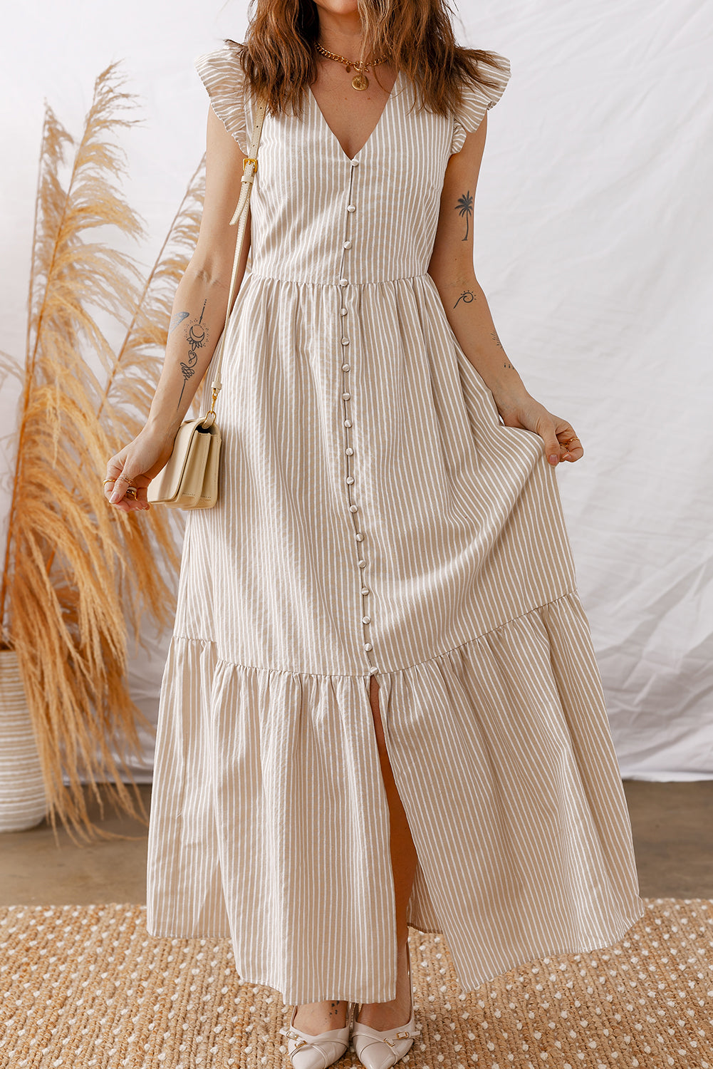 Stripe Flutter Sleeve Buttoned Maxi Dress