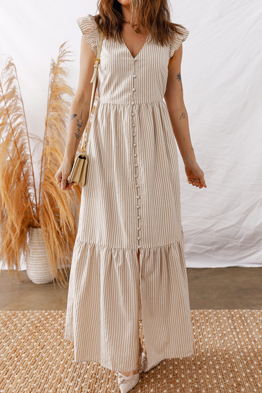 Stripe Flutter Sleeve Buttoned Maxi Dress