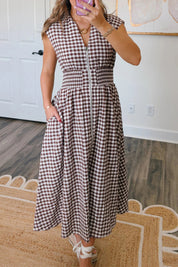 Plaid Print Front Zipper Maxi Dress