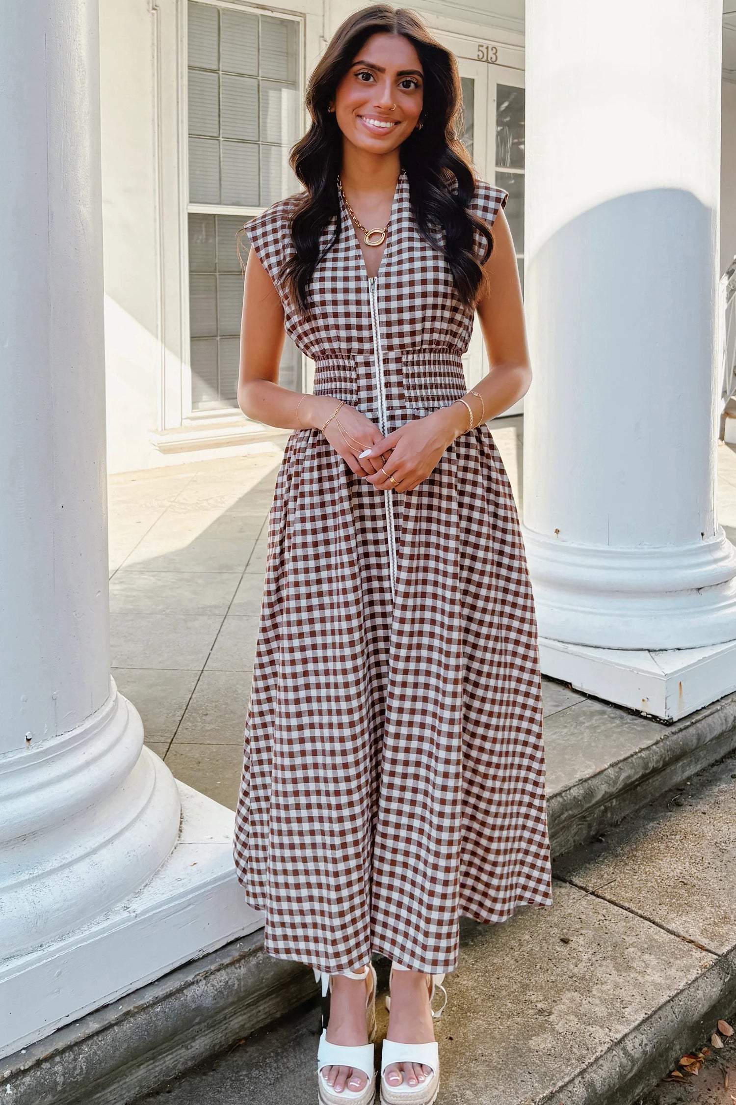 Plaid Print Front Zipper Maxi Dress