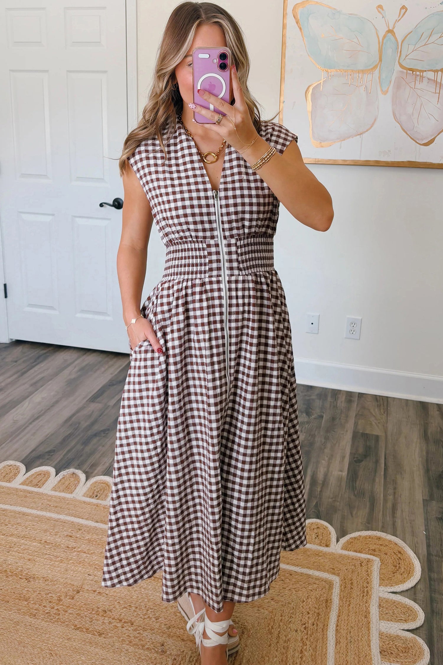 Plaid Print Front Zipper Maxi Dress