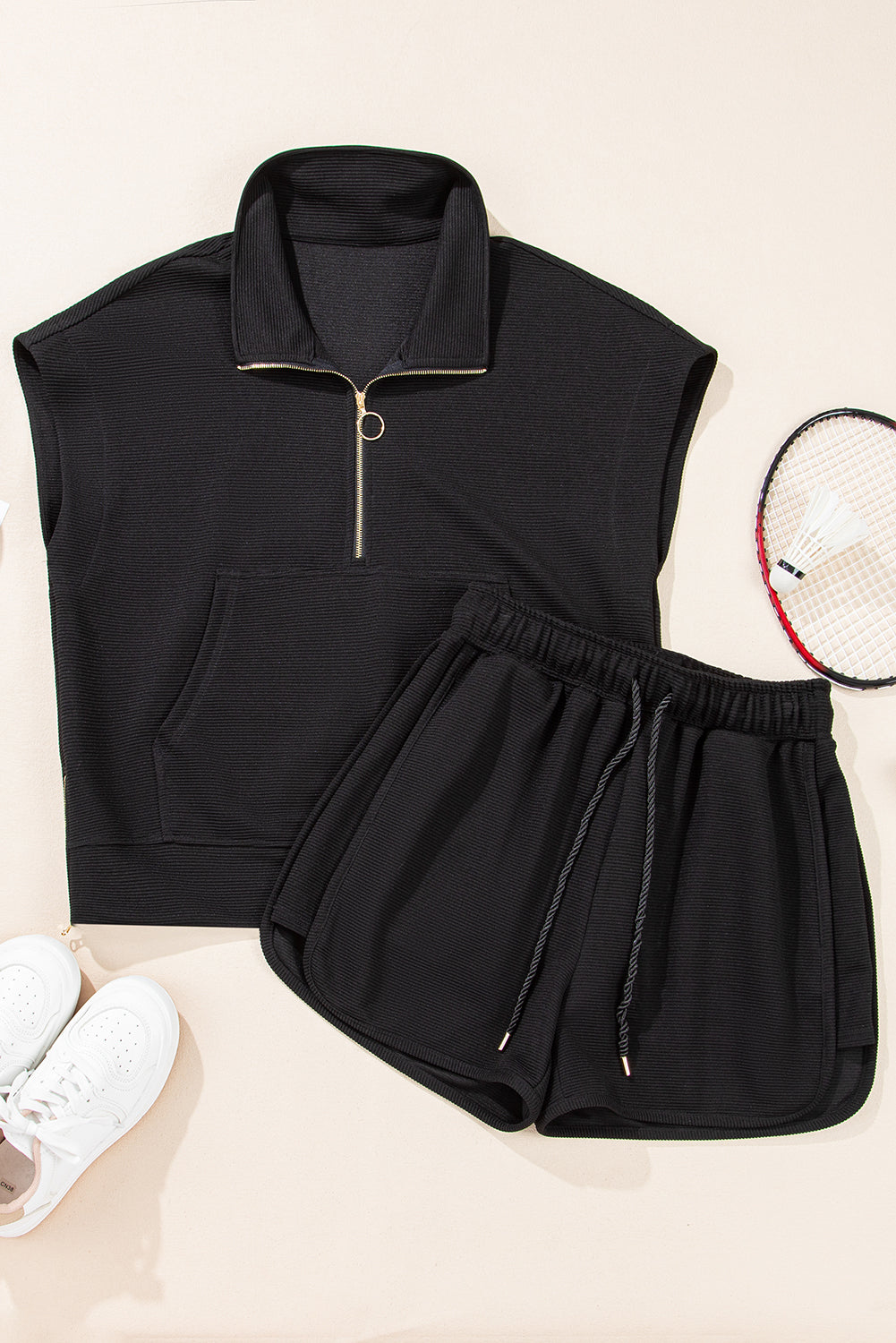 Textured Half Zip Short Sleeve Top