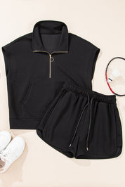 Textured Half Zip Short Sleeve Top
