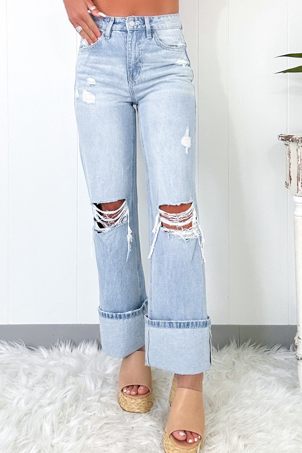 Light Wash Distressed Straight Jeans