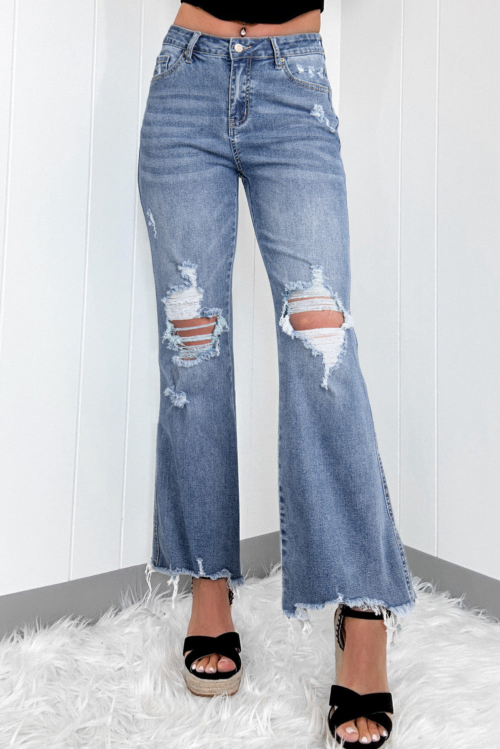 Blue High Rise Ripped Distressed Flared Jeans