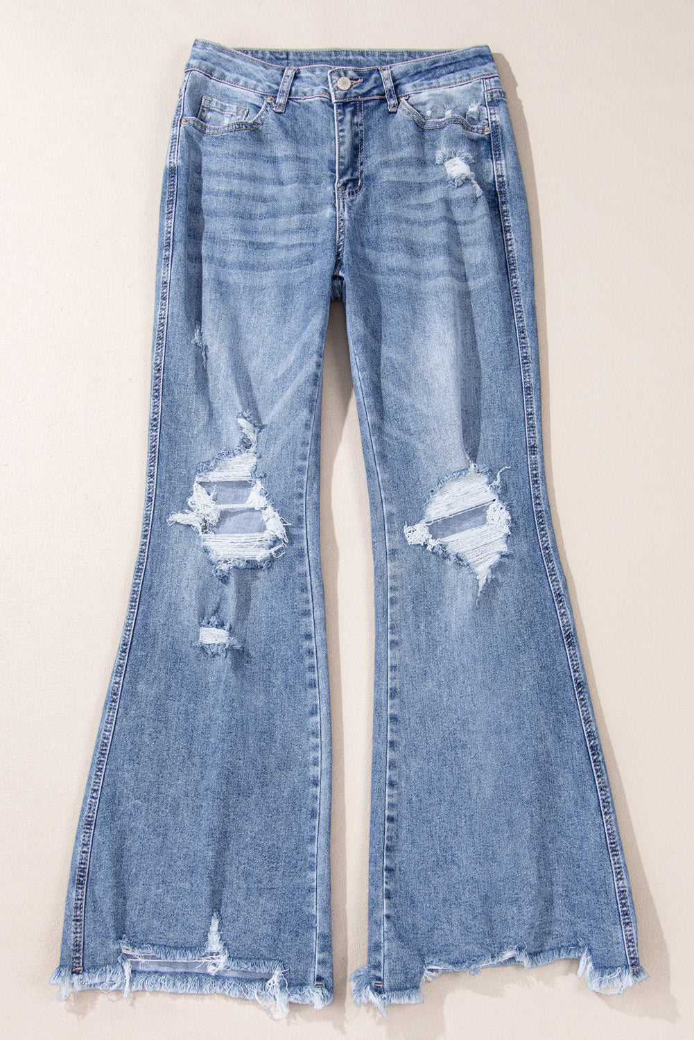 Blue High Rise Ripped Distressed Flared Jeans
