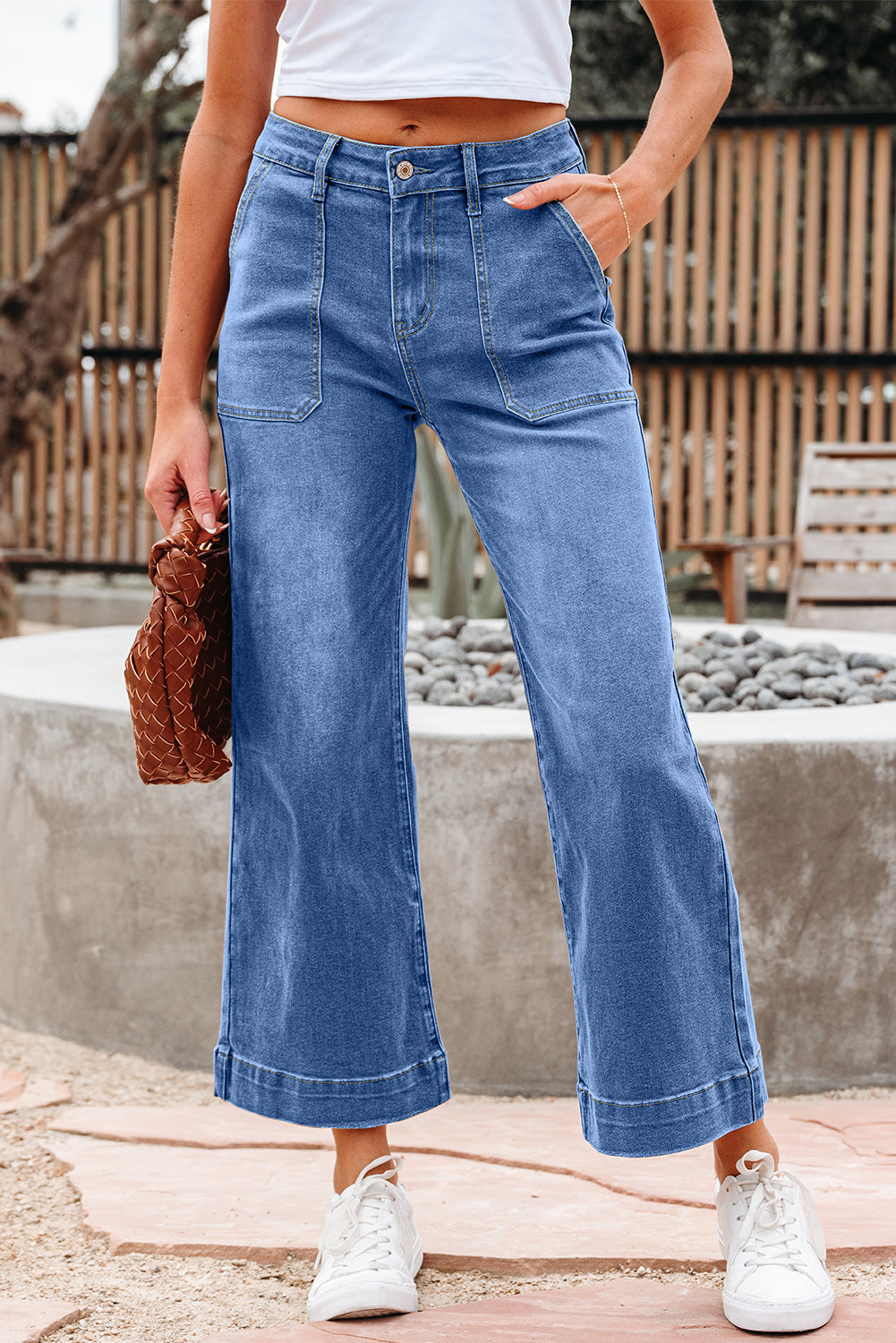 Blue Cropped High Rise Wide Leg Jeans