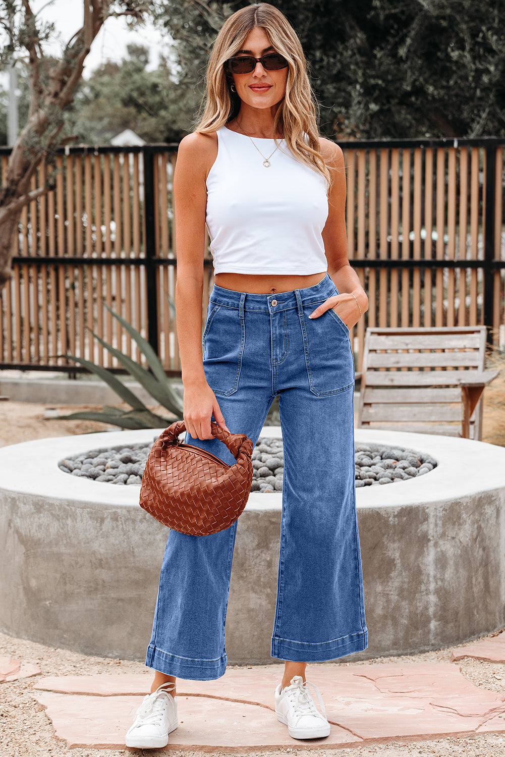 Blue Cropped High Rise Wide Leg Jeans