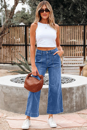 Blue Cropped High Rise Wide Leg Jeans