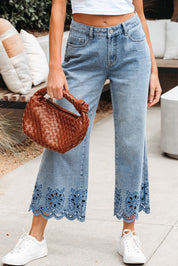 Embroidered Cropped Wide Leg Jeans