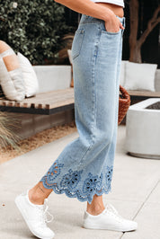 Embroidered Cropped Wide Leg Jeans