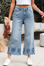 Embroidered Cropped Wide Leg Jeans