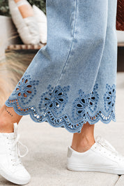 Embroidered Cropped Wide Leg Jeans