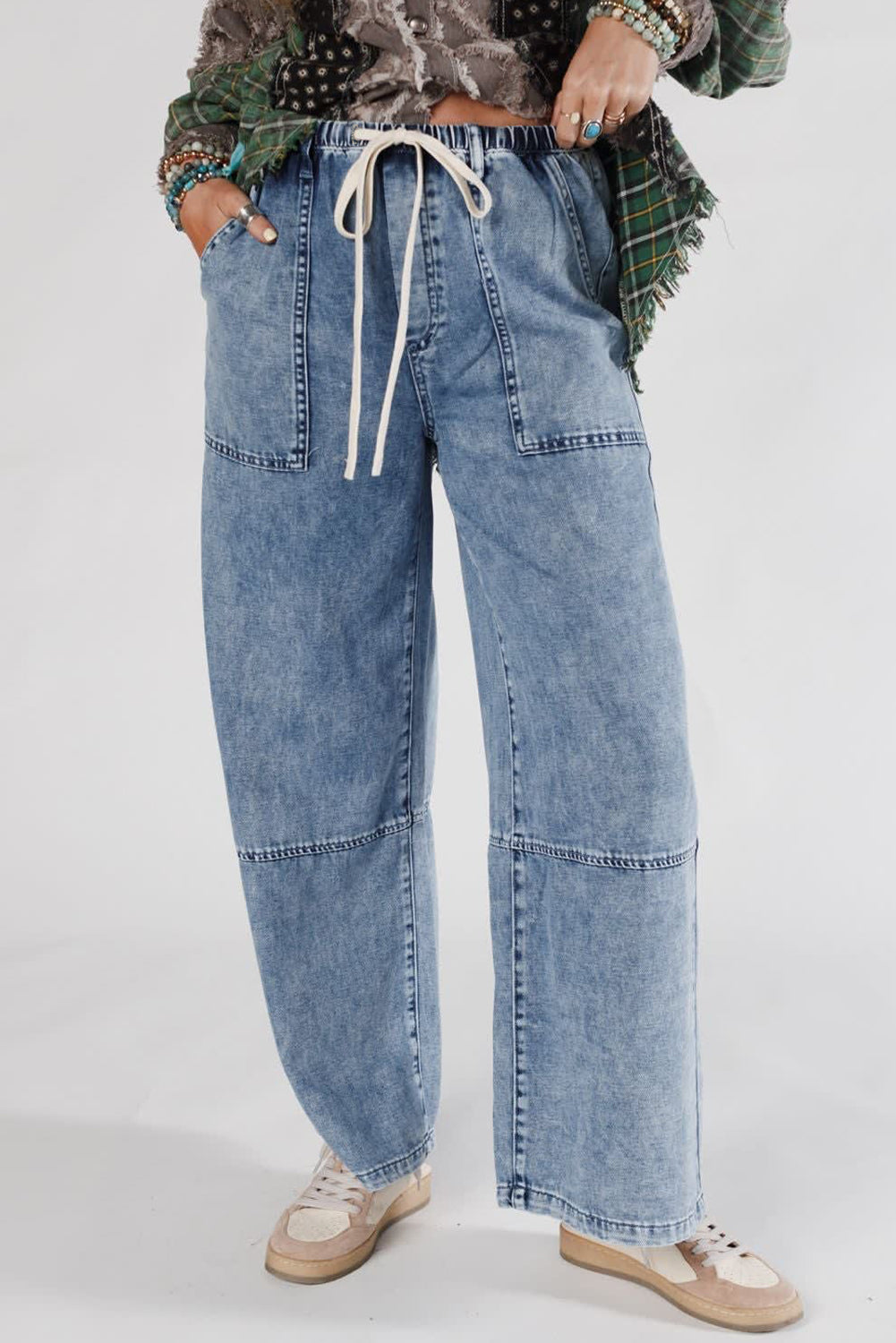 Acid Wash Exposed Seam Drawstring Jeans