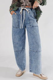 Acid Wash Exposed Seam Drawstring Jeans