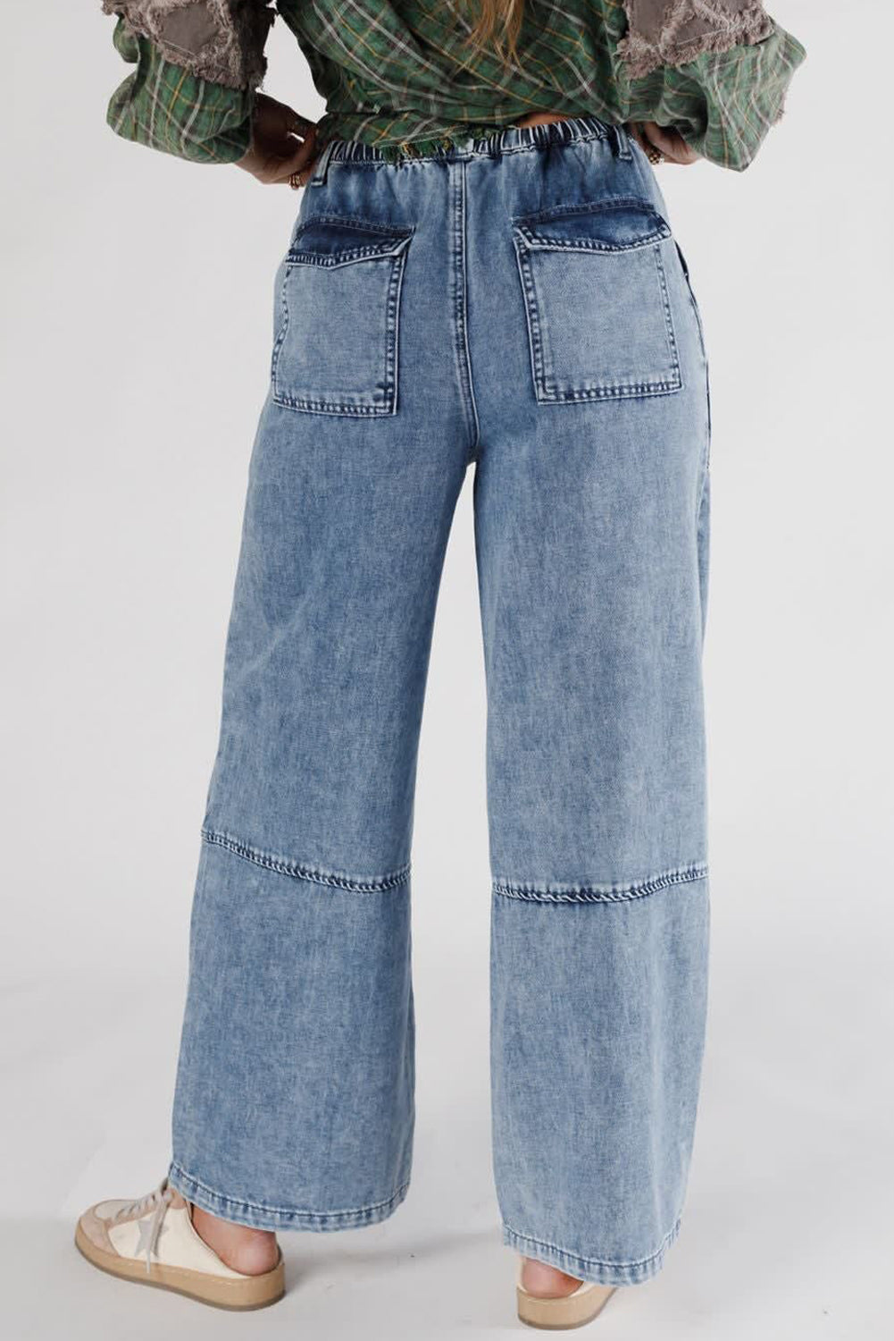Acid Wash Exposed Seam Drawstring Jeans
