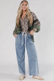 Acid Wash Exposed Seam Drawstring Jeans