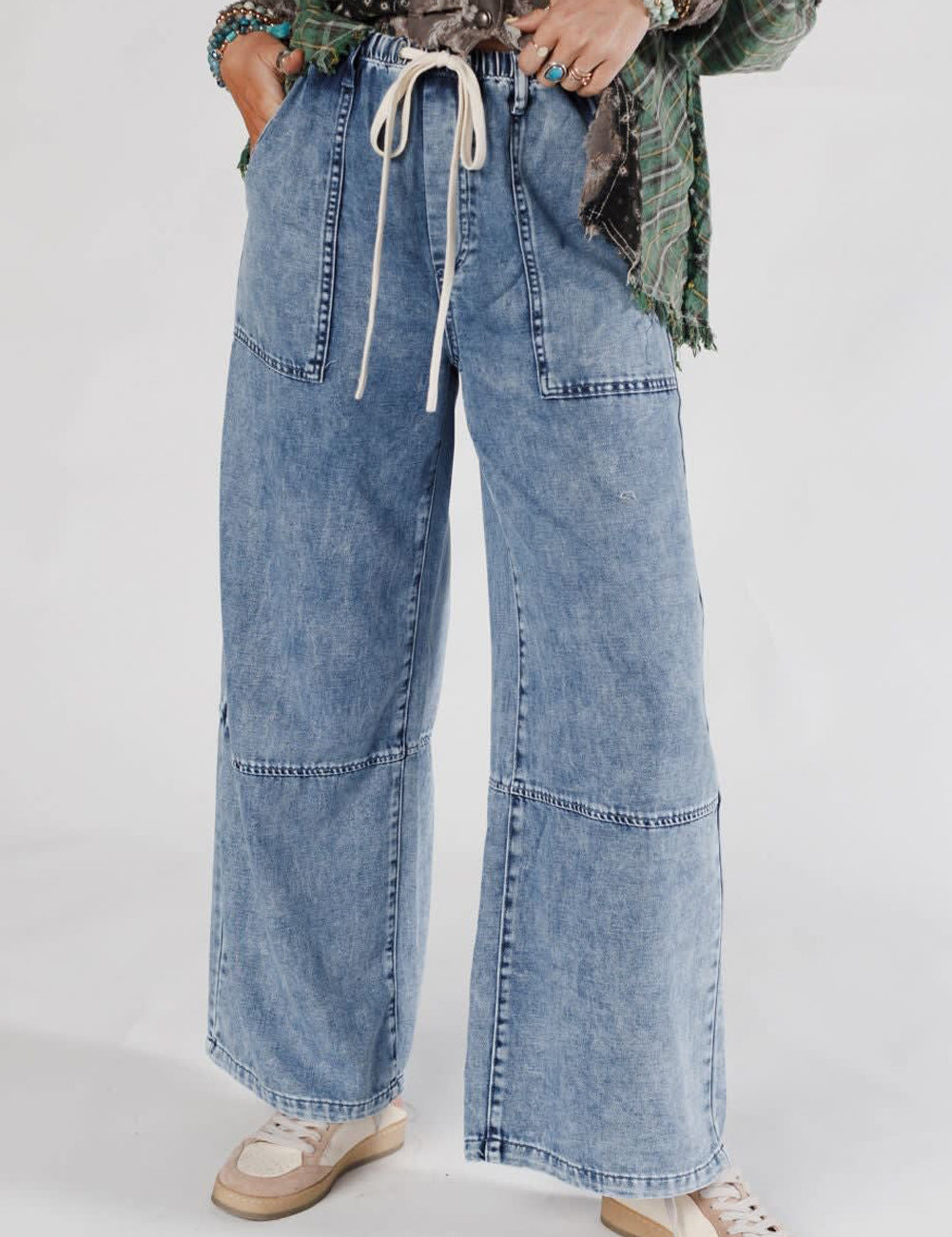 Acid Wash Exposed Seam Drawstring Jeans