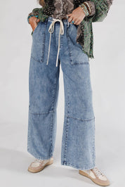 Acid Wash Exposed Seam Drawstring Jeans