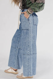 Acid Wash Exposed Seam Drawstring Jeans