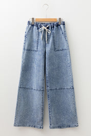 Acid Wash Exposed Seam Drawstring Jeans