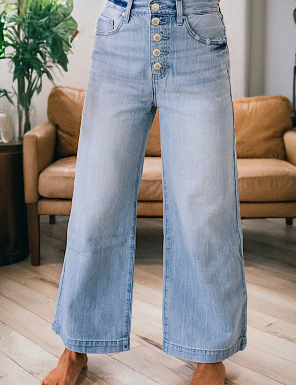 Multi Buttons Pinstripe Wide Leg Jeans