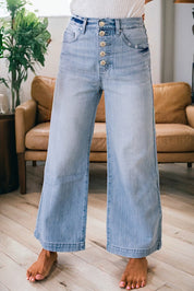 Multi Buttons Pinstripe Wide Leg Jeans