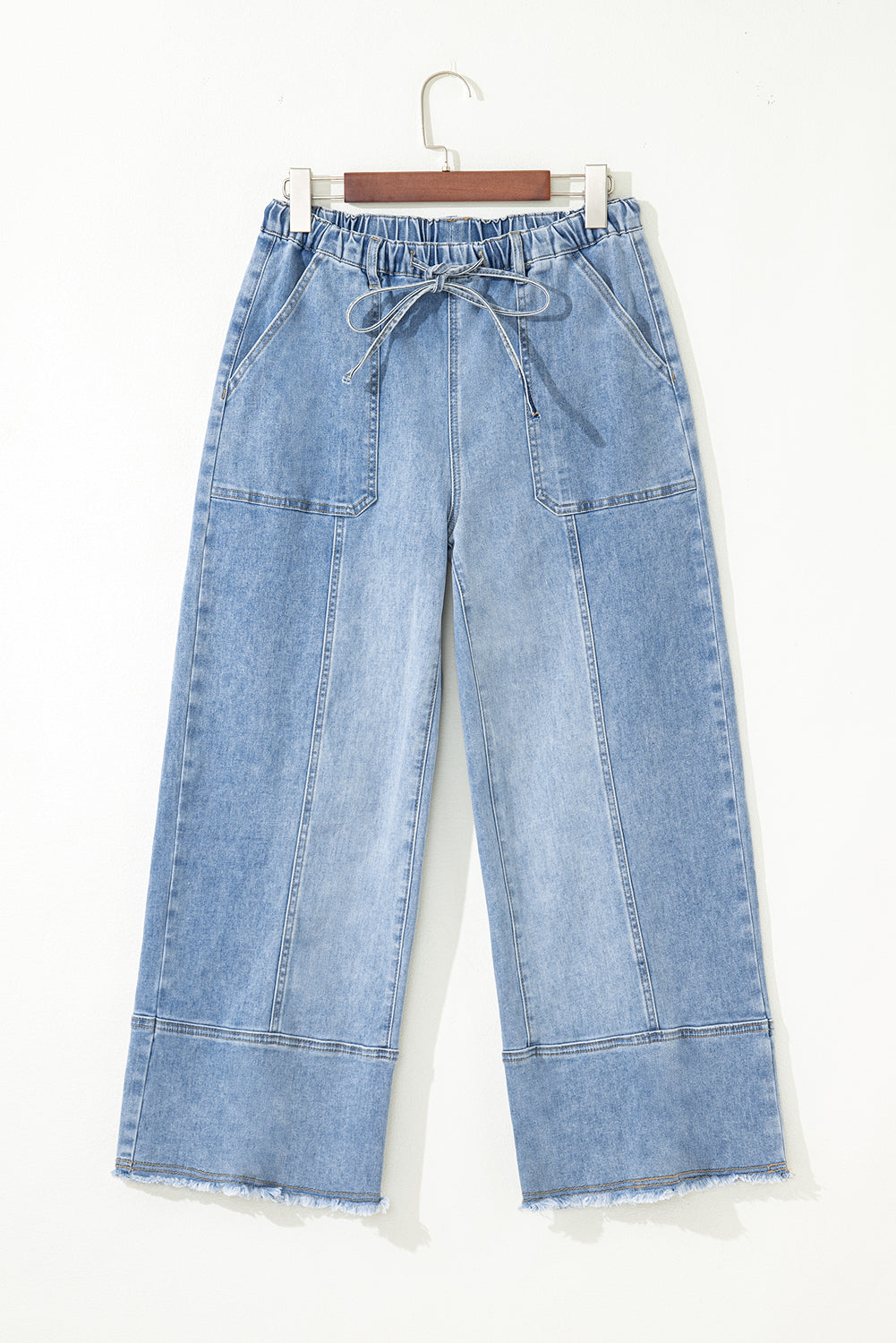 Drawstring Seam Detail Raw Hem Wide Leg Jeans