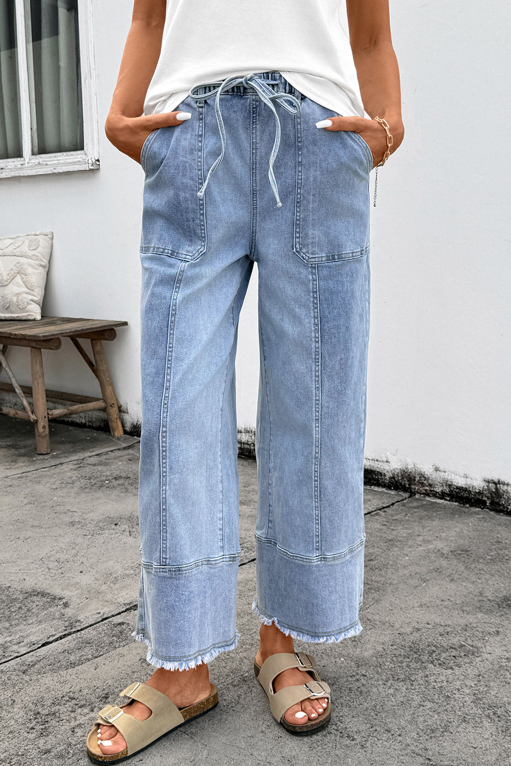 Drawstring Seam Detail Raw Hem Wide Leg Jeans