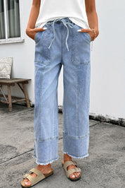 Drawstring Seam Detail Raw Hem Wide Leg Jeans