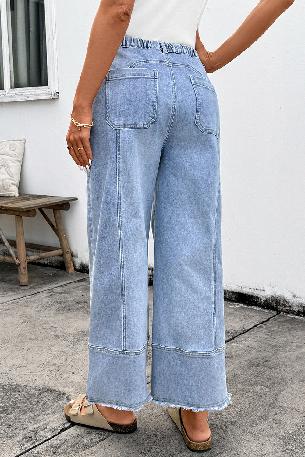 Drawstring Seam Detail Raw Hem Wide Leg Jeans