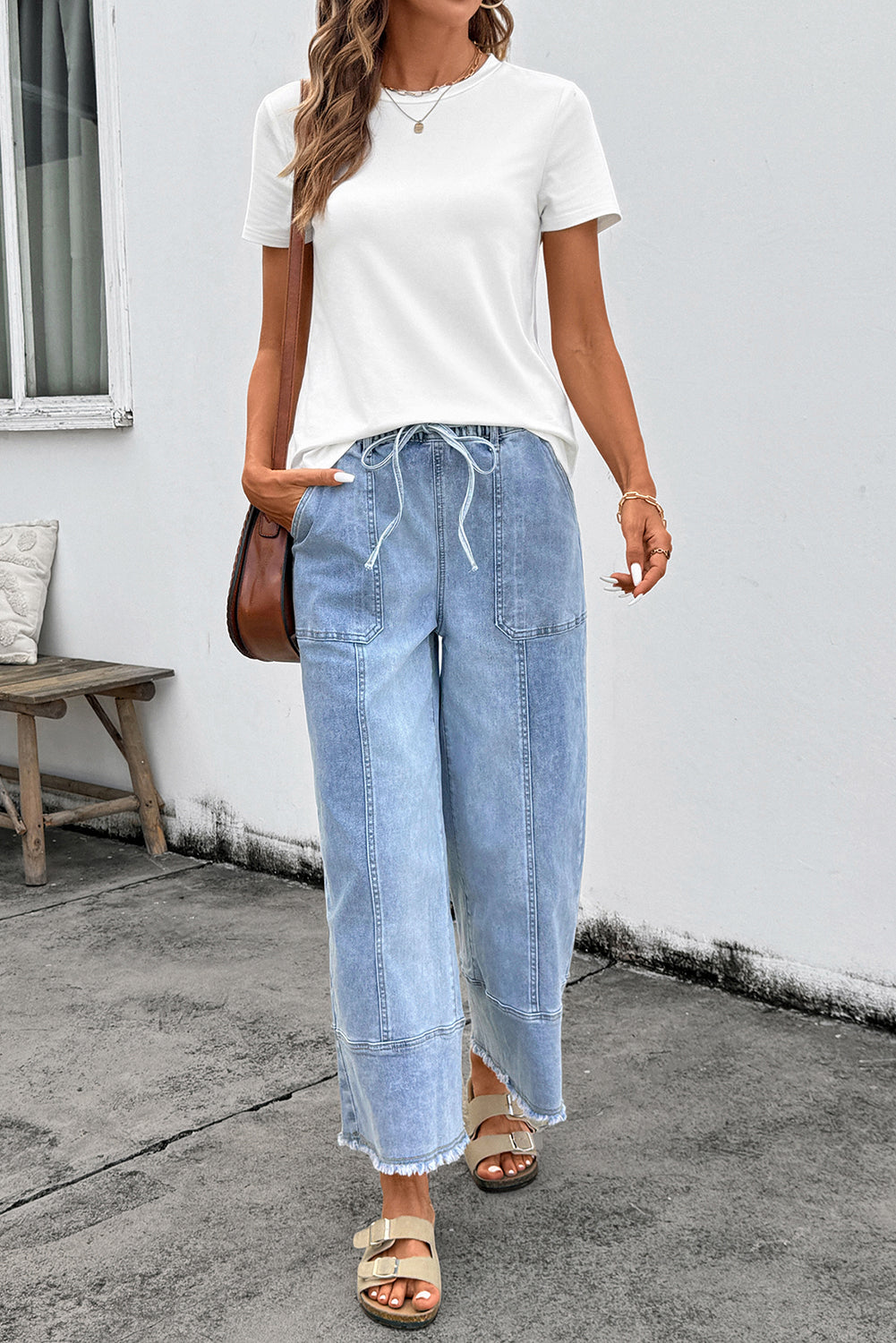 Drawstring Seam Detail Raw Hem Wide Leg Jeans
