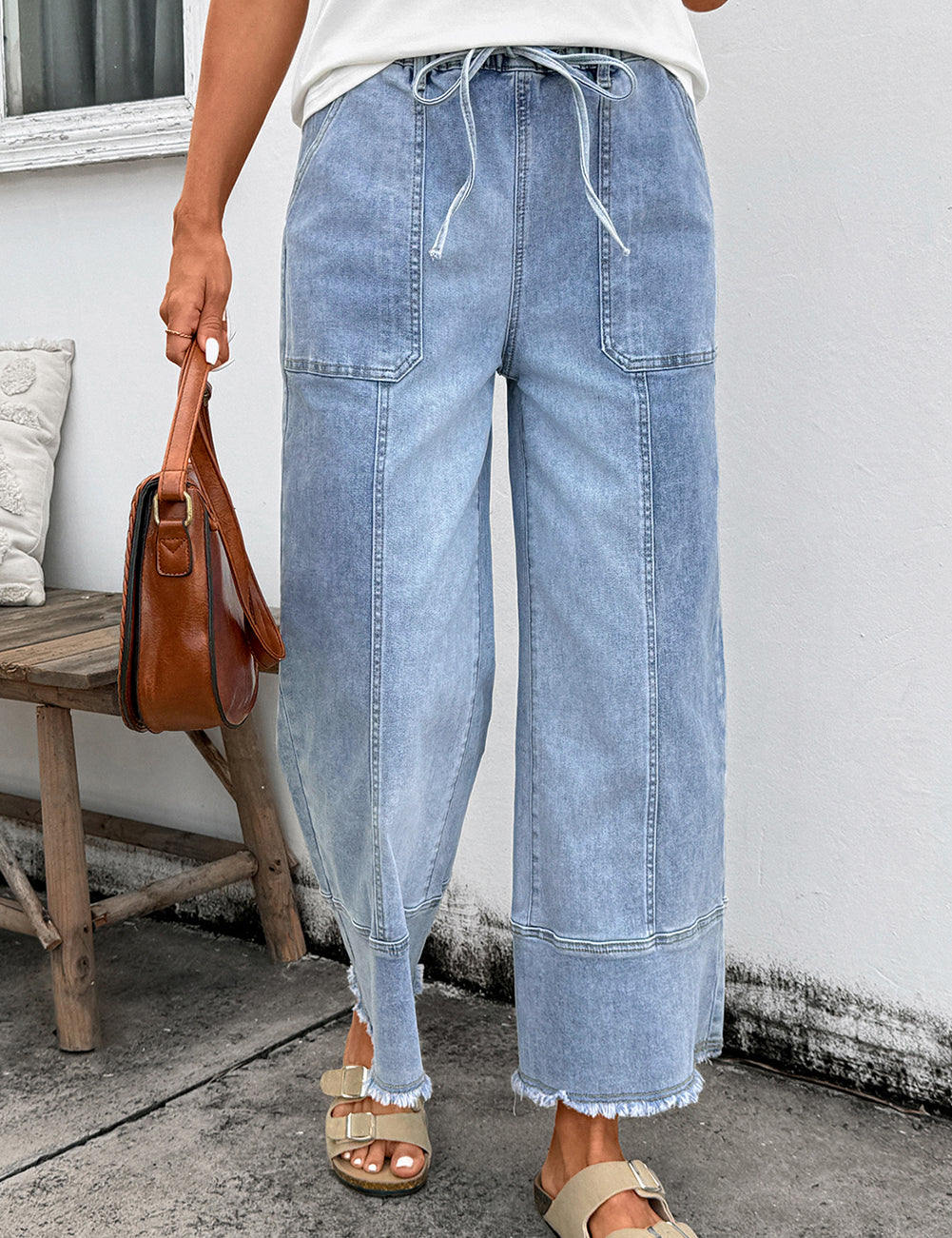 Drawstring Seam Detail Raw Hem Wide Leg Jeans