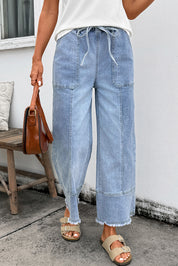 Drawstring Seam Detail Raw Hem Wide Leg Jeans
