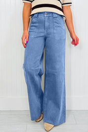 Retro Washed Patch Pocket Wide Leg Jeans