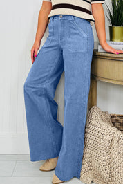 Retro Washed Patch Pocket Wide Leg Jeans