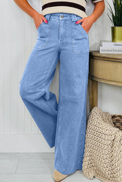 Retro Washed Patch Pocket Wide Leg Jeans