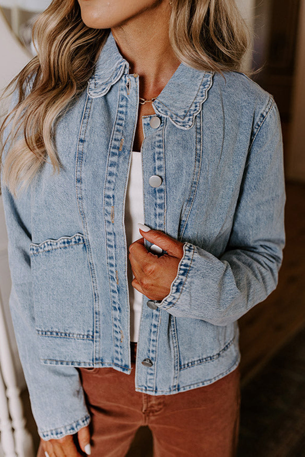 Scallop Trim Collar Mineral Washed Denim Jacket