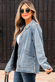 Scallop Trim Collar Mineral Washed Denim Jacket