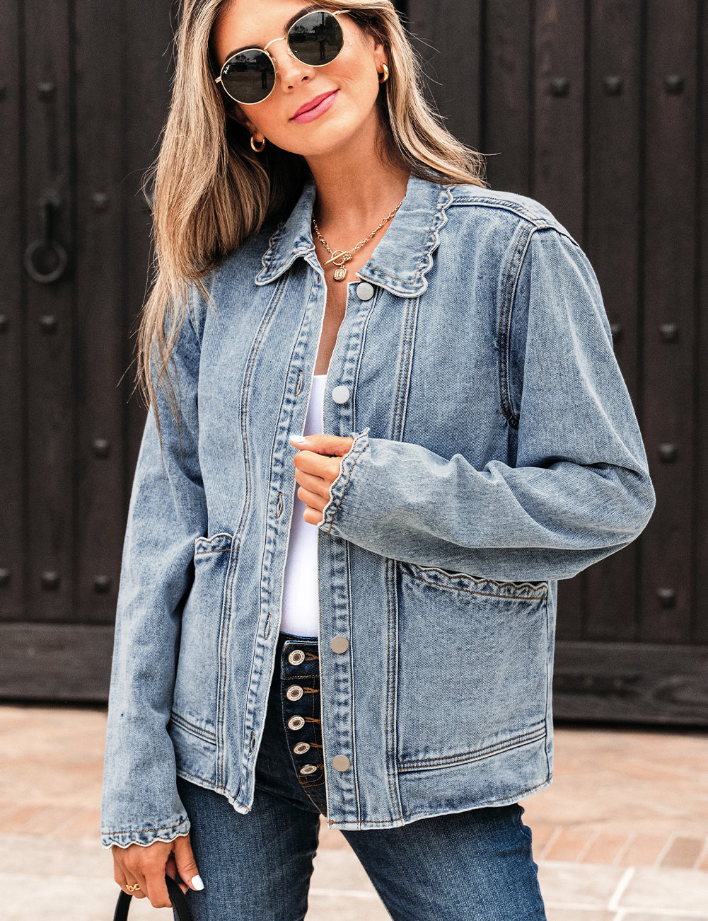 Scallop Trim Collar Mineral Washed Denim Jacket