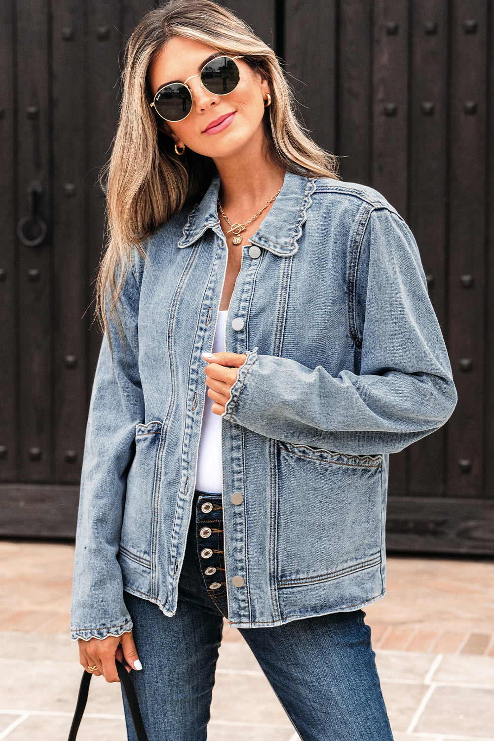 Scallop Trim Collar Mineral Washed Denim Jacket