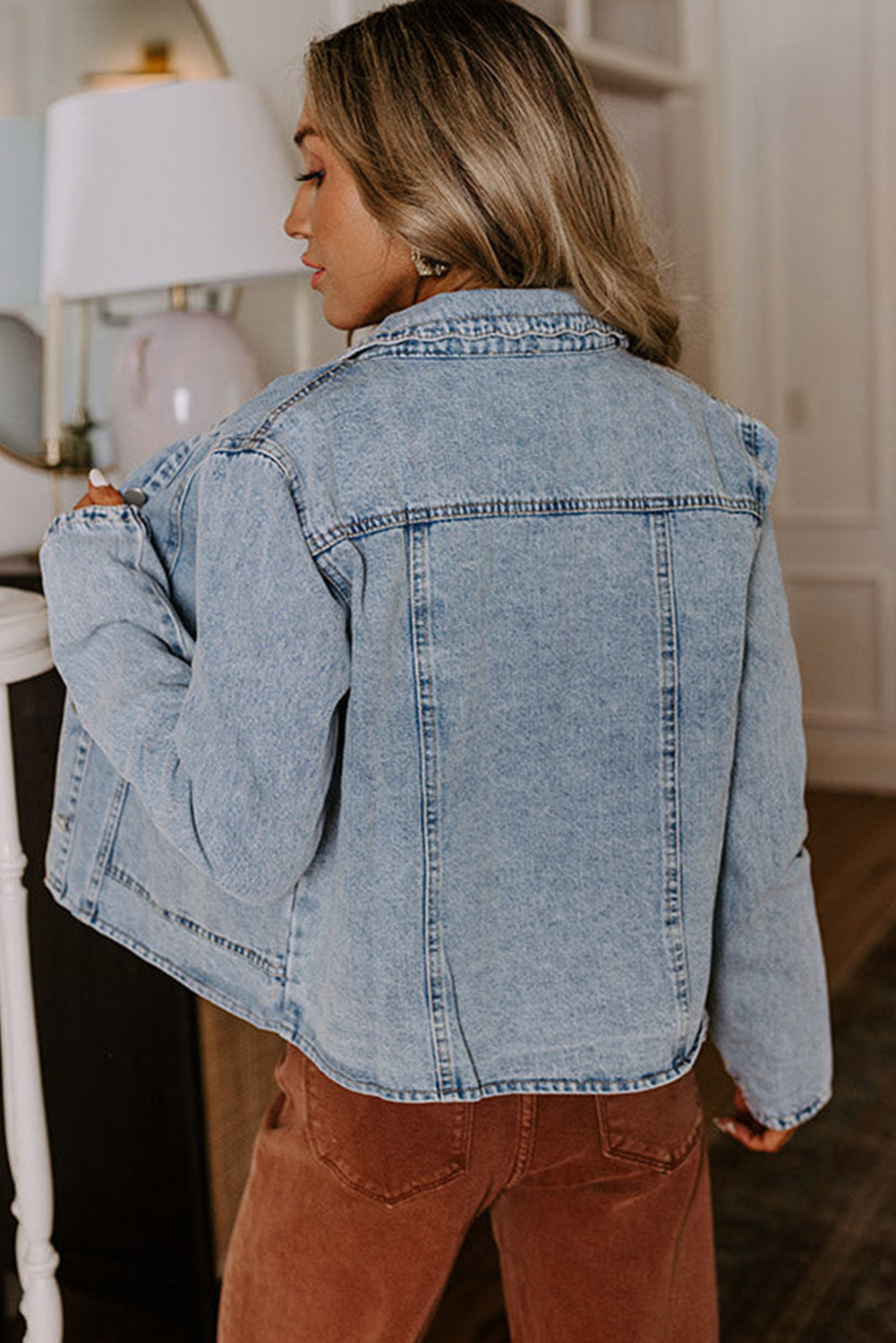 Scallop Trim Collar Mineral Washed Denim Jacket